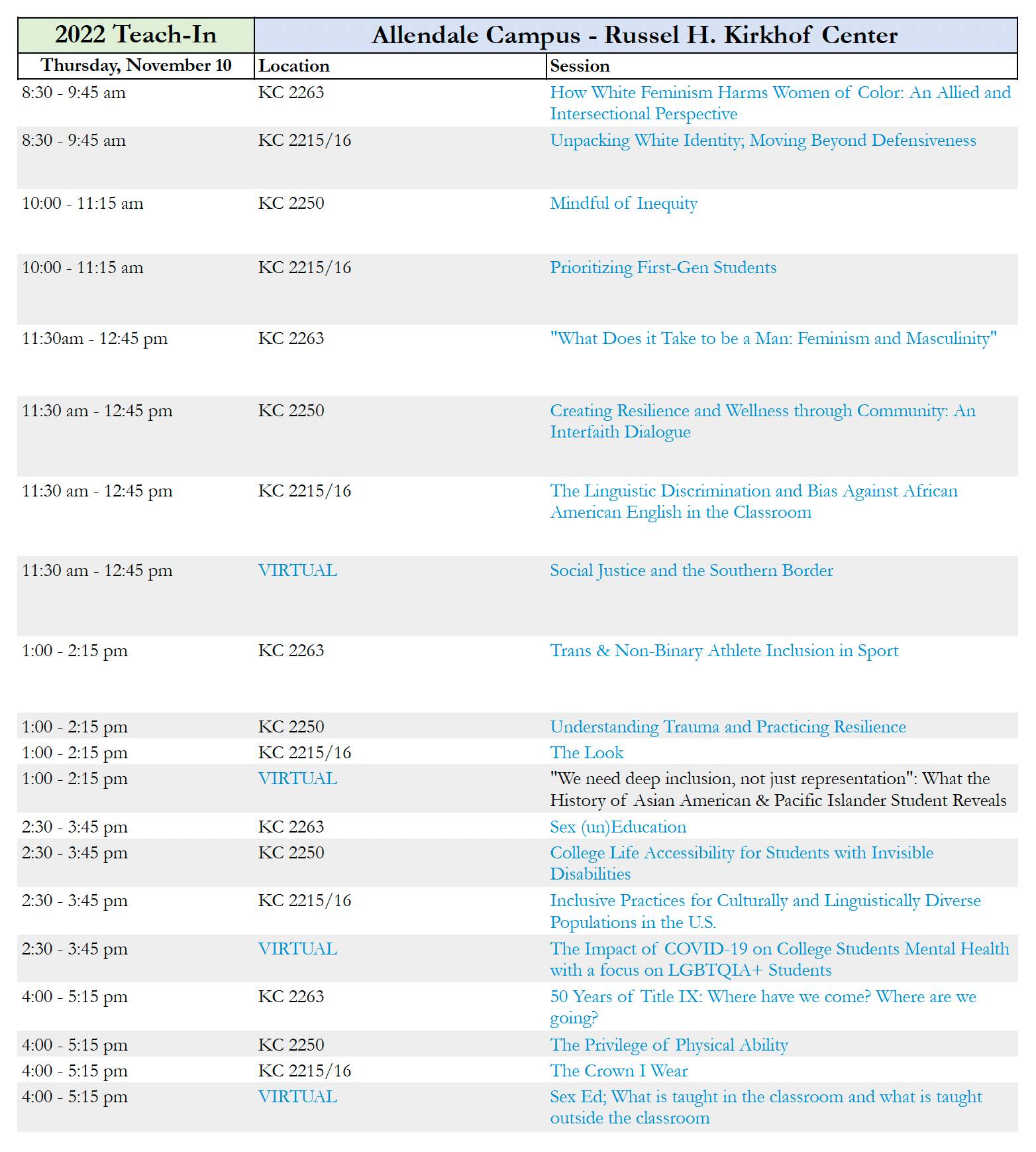 excell spreadsheet program of Thursday 2022Teach-In sessions